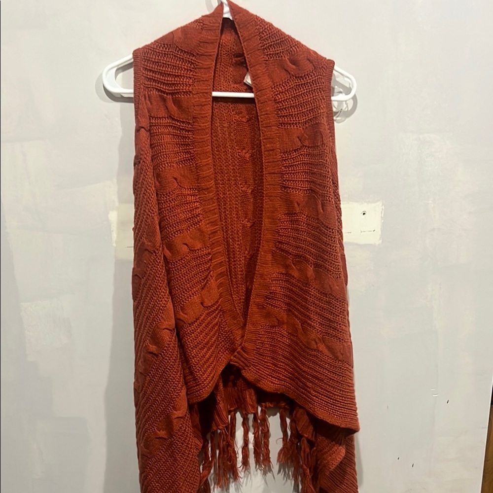 Rust Orange Knit Fringe Vest